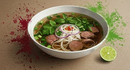 Delicious vietnamese pho soup with beef broth noodles herbs eat art food meal bowl lime lunch asian