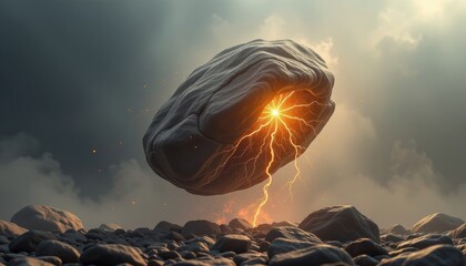 The levitating rocks appeared to defy gravity as they hovered effortlessly in the air, emanating a mystical glow from the intricate web of energy cracks pulsating within their core.