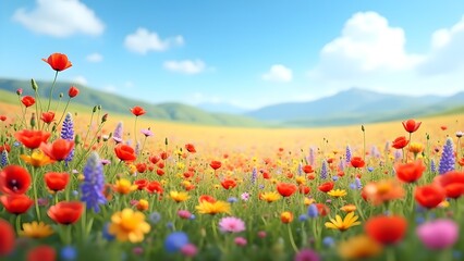 Scenic Landscape: Colorful Wildflower Field with Poppies under Blue Sky and Mountains