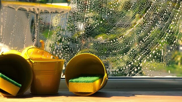 Spring cleaning washing windows with soapy suds
