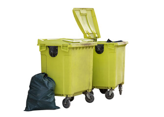 green plastic street trash containers isolated on white background