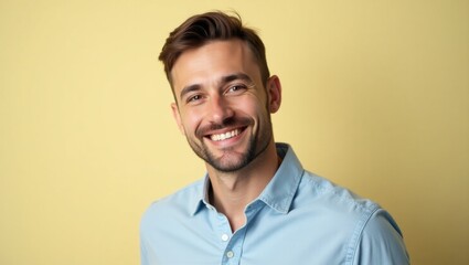 Upfs. Smiling young man with beard blue shirt cheerful portrait studio