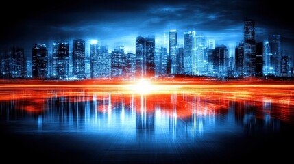 Futuristic cityscape illuminated with glowing lights and reflections over rippling water for striking modern urban landscape style