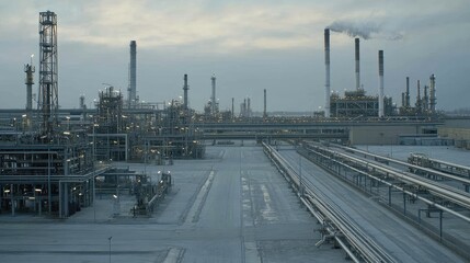 Obraz premium Daylight shot of oil plant infrastructure with pipelines running across concrete yard