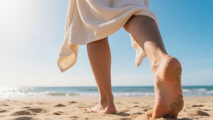 Barefoot walk along the sandy beach near the ocean on a sunny day with clear blue skies and gentle waves in the background