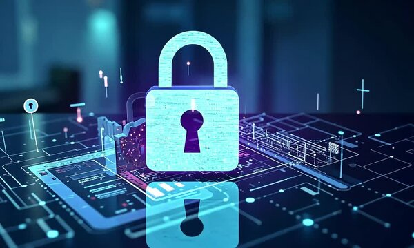 Digital security illustration padlock symbol and circuit board design