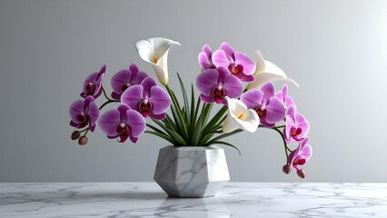 Obraz premium Elegant Flower Arrangement with Orchids and Calla Lilies in Vase on Marble Tabletop