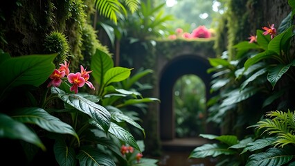 Enchanting Vista through Lush Tropical Garden Archway with Vibrant Foliage, Mossy Walls, and Exotic Flowers
