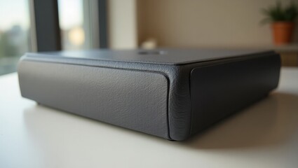 Upway. Black leather book close-up on white table modern interior read