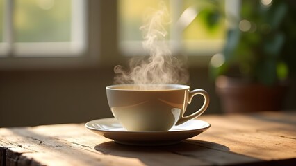 Warm Coffee Cup on Wooden Table with Steaming, Morning Sunlight, and Indoor Plant