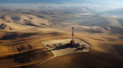 Fototapeta premium Dusty field with active onshore oil rig and long shadow across arid land
