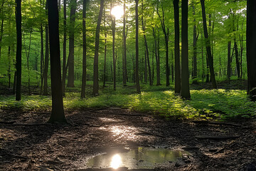 Obraz premium Sunlit Forest Path with Puddle Reflection