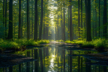 Sunlit Forest Path with Water Reflection