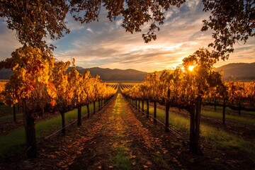 A picturesque vineyard basks in the golden light of a sunset, autumnal scene.