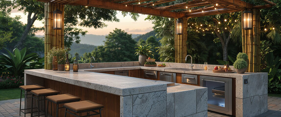 Luxurious outdoor kitchen with bamboo columns and string lights featuring a stunning landscape view