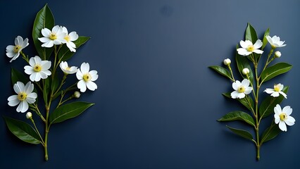 Obraz premium Elegant Floral Design: White Blossoms and Green Leaves on Dark Blue Background