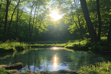 Sunlit Forest Pond Landscape with Lush Green Trees