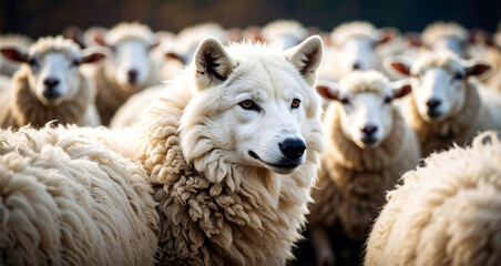 Extreme close-up of a white wolf in sheep or lamb costume looking at camera in a flock of sheep. Concept of disguise to deceive, defraud, cunning predator in search of his favorite prey. Generative Ai