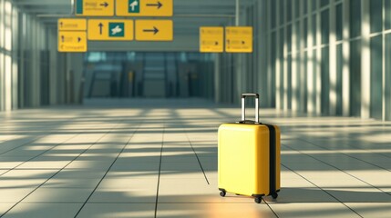 Modern suitcase standing alone on a tiled airport floor with directional signs in the background