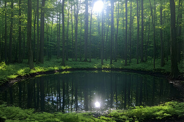 Sunlit Forest Pond Reflection