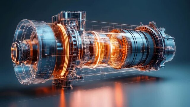 Cutaway CGI visualization of a hydrogen gas turbine showing internal airflow and energy flow dynamics, glowing orange elements and transparent casing advanced clean energy technology in high detail.