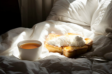 Sunlit French Toast with Whipped Cream and Tea on Bed