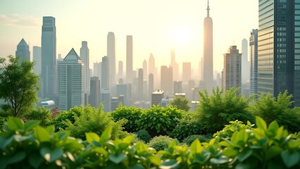 Cityscape with Greenery: Skyline View with Lush Rooftop Garden, Urban Landscape with Modern Buildings and Nature