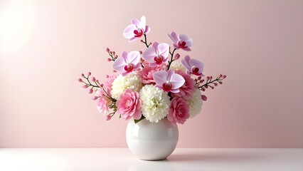 Naklejka premium Floral arrangement of pink orchids and white dahlias in a vase on a table against a pastel background.