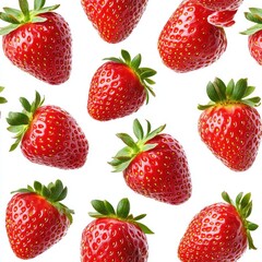 Fresh Red Strawberries with Green Leaves Arranged in a Beautiful and Vibrant Pattern on White Background