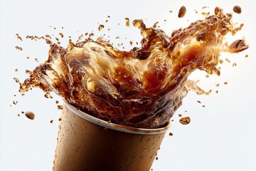 Dramatic shot capturing a vibrant coffee splash bursting forth from a brown disposable cup.