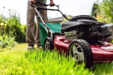Man mowing a lush green lawn on a sunny day in a vibrant garden setting