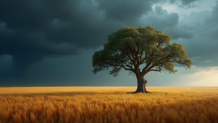 Fototapeta premium Lone Tree Standing in a Golden Field Under a Dramatic Stormy Sky Landscape Scenery 