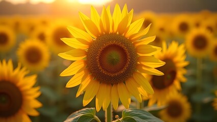 Fototapeta premium Radiant sunflower field at sunset, vibrant yellow petals, beautiful landscape, summer bloom