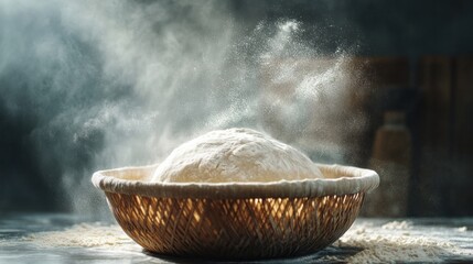 Proofed bread dough in a banneton basket with light flour dust and rustic kitchen background
