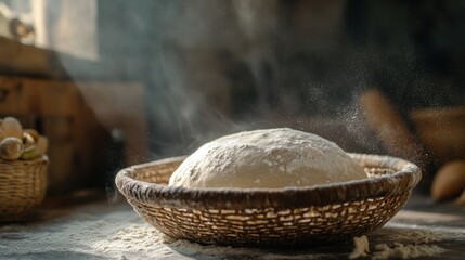 Proofed bread dough in a banneton basket with light flour dust and rustic kitchen background
