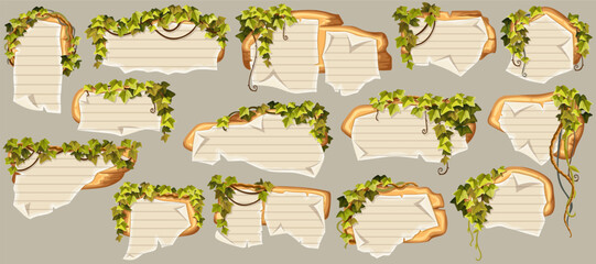 Wooden brown boards with school page in line, ragged graph paper. Set 3d vector blank invitations, maps decorated stems hedera helix, ivy, liana, grapes, vine,  jungle plants.