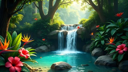 Fototapeta premium Breathtaking tropical landscape featuring vibrant exotic flowers surrounding a tranquil waterfall.