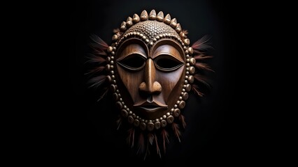 Ornate Wooden African Tribal Mask with Feathers and Beads on Black Background