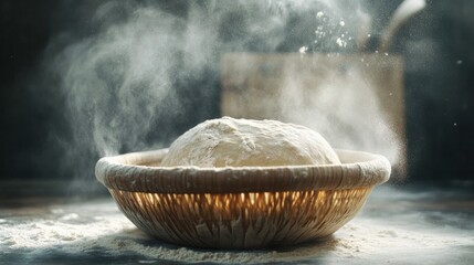 Proofed bread dough in a banneton basket with light flour dust and rustic kitchen background