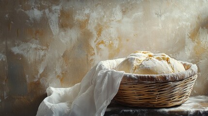 Proofed bread dough in a banneton basket with light flour dust and rustic kitchen background