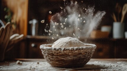 Proofed bread dough in a banneton basket with light flour dust and rustic kitchen background