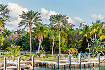 A view from Biscayne Bay towards moorings on Star Island in Miami in springtime
