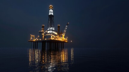 Industrial night shot of oil rig fully lit, lights reflecting on surrounding ocean