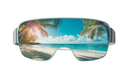 Augmented Reality Glasses Overlaying Digital Interface on Summer Beach Scene