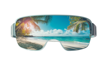 Augmented Reality Glasses Overlaying Digital Interface on Summer Beach Scene