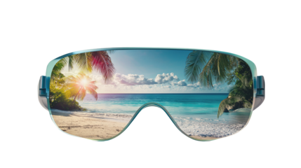 Augmented Reality Glasses Overlaying Digital Interface on Summer Beach Scene