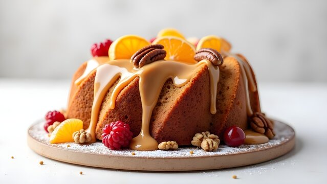 Delicious bundt cake with caramel glaze, pecans, oranges, raspberries and walnuts. 