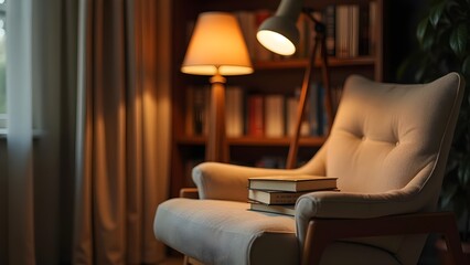 Inviting Reading Nook with Armchair, Books, and Warm Lighting