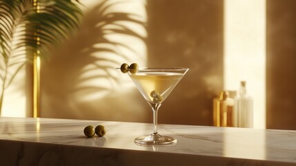 Realistic martini glass with a clear cocktail and two green olives on a pick, placed on a marble bar counter with soft lighting