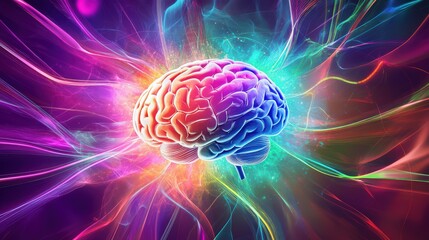 Fototapeta premium A dynamic illustration showcases a human brain enveloped in radiant energy lines that symbolize creativity and intelligence. The colors burst with vivid shades creating an energetic atmosphere